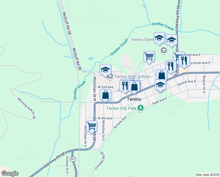 map of restaurants, bars, coffee shops, grocery stores, and more near 500 W 2nd St in Tenino