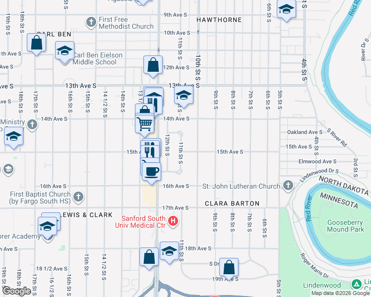 map of restaurants, bars, coffee shops, grocery stores, and more near 1427-1429 11th St S in Fargo