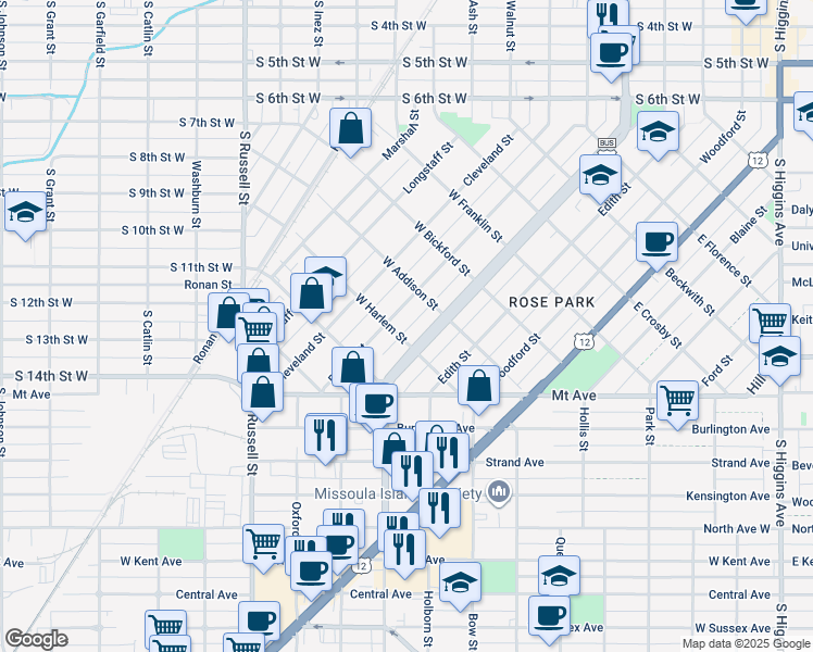 map of restaurants, bars, coffee shops, grocery stores, and more near 926 Rollins Street in Missoula