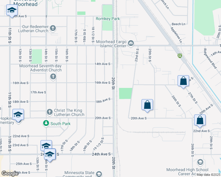 map of restaurants, bars, coffee shops, grocery stores, and more near 1516 19 1/2 Street South in Moorhead