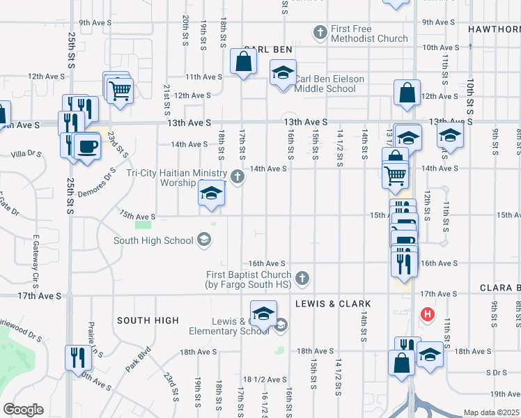 map of restaurants, bars, coffee shops, grocery stores, and more near 1445 16 1/2 Street South in Fargo
