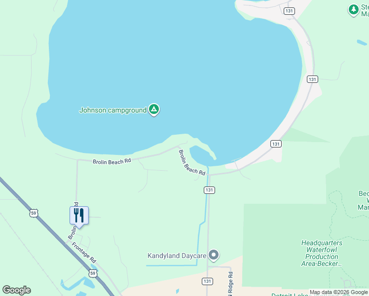 map of restaurants, bars, coffee shops, grocery stores, and more near 25930 Brolin Beach Road in Detroit Lakes