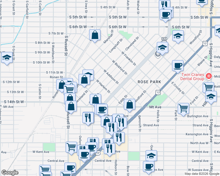 map of restaurants, bars, coffee shops, grocery stores, and more near 926 Rollins Street in Missoula