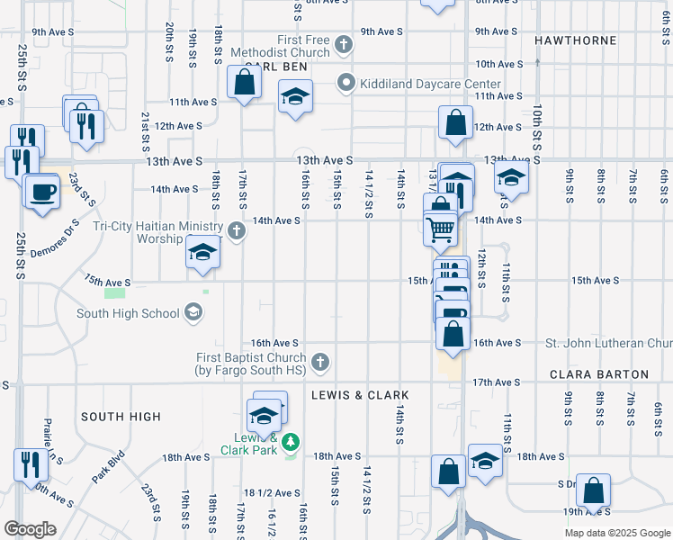 map of restaurants, bars, coffee shops, grocery stores, and more near 1448 15th Street South in Fargo