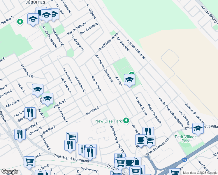 map of restaurants, bars, coffee shops, grocery stores, and more near 1036 Rue de la Salette in Quebec