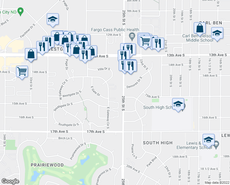 map of restaurants, bars, coffee shops, grocery stores, and more near 1430 East Gateway Circle South in Fargo