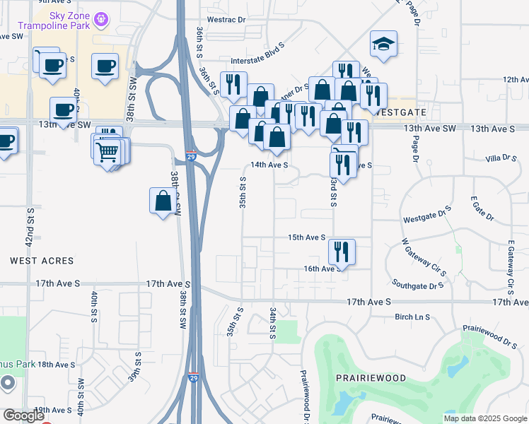 map of restaurants, bars, coffee shops, grocery stores, and more near 1415 34th Street South in Fargo