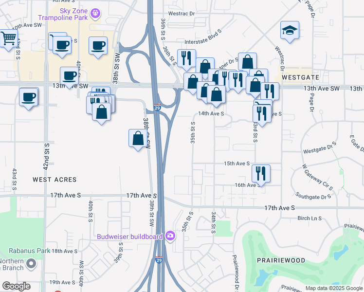 map of restaurants, bars, coffee shops, grocery stores, and more near 1421 35th Street South in Fargo