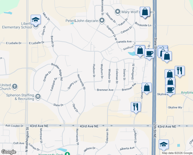 map of restaurants, bars, coffee shops, grocery stores, and more near 4817 Hudson Street in Bismarck