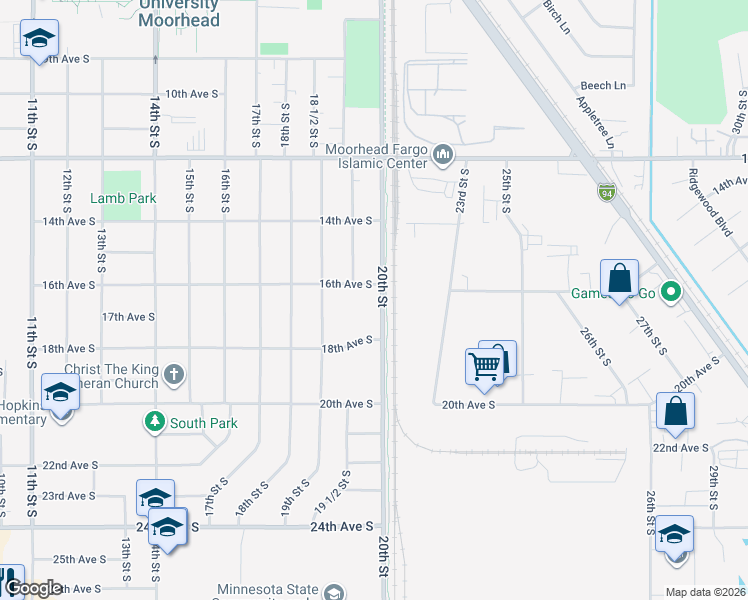 map of restaurants, bars, coffee shops, grocery stores, and more near 1605 20th Street in Moorhead