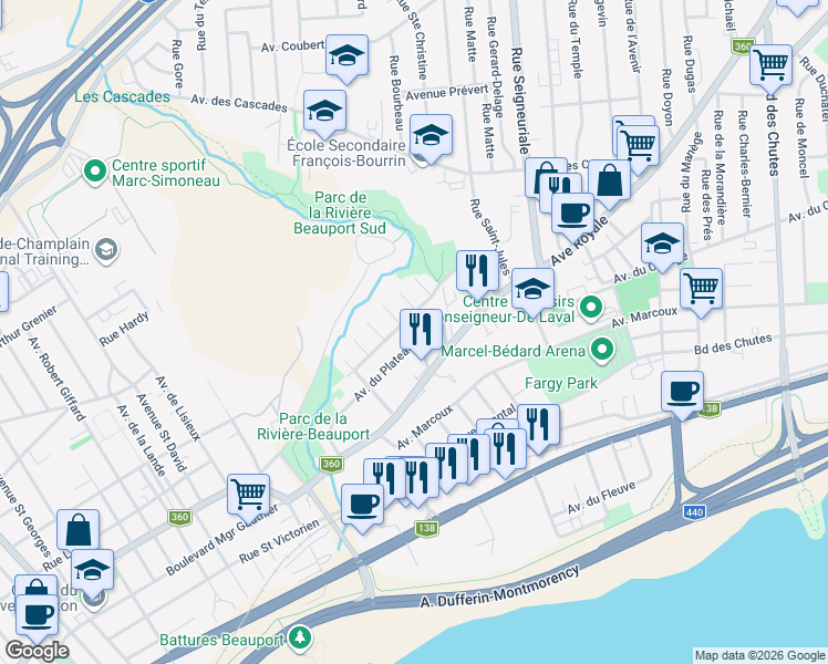 map of restaurants, bars, coffee shops, grocery stores, and more near 12 Rue Duchesnay in Ville de Québec