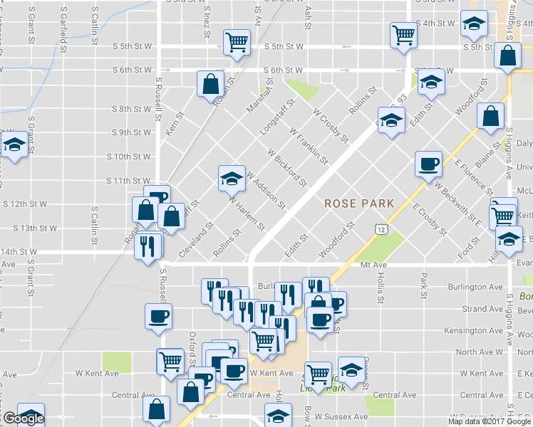 map of restaurants, bars, coffee shops, grocery stores, and more near 928 Rollins Street in Missoula