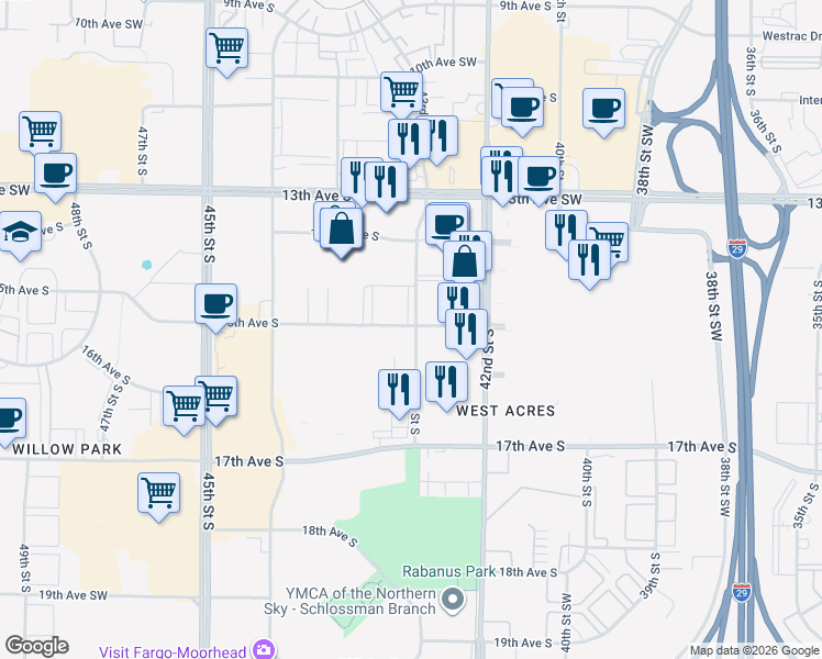 map of restaurants, bars, coffee shops, grocery stores, and more near 1498 43rd Street South in Fargo