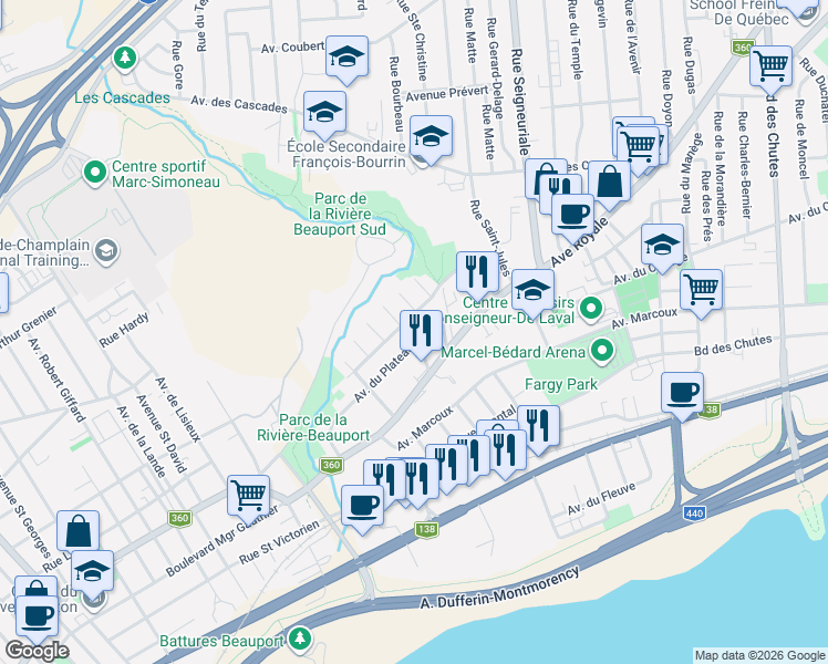 map of restaurants, bars, coffee shops, grocery stores, and more near 14 Rue Duchesnay in Québec