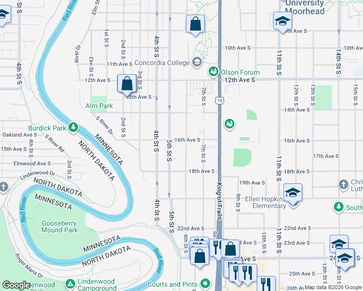 map of restaurants, bars, coffee shops, grocery stores, and more near 1601 6th Street South in Moorhead