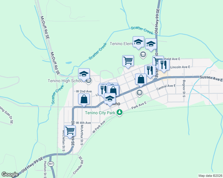 map of restaurants, bars, coffee shops, grocery stores, and more near 198 Olympia Street North in Tenino
