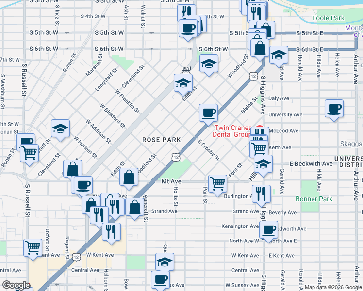 map of restaurants, bars, coffee shops, grocery stores, and more near 621 Brooks Street in Missoula