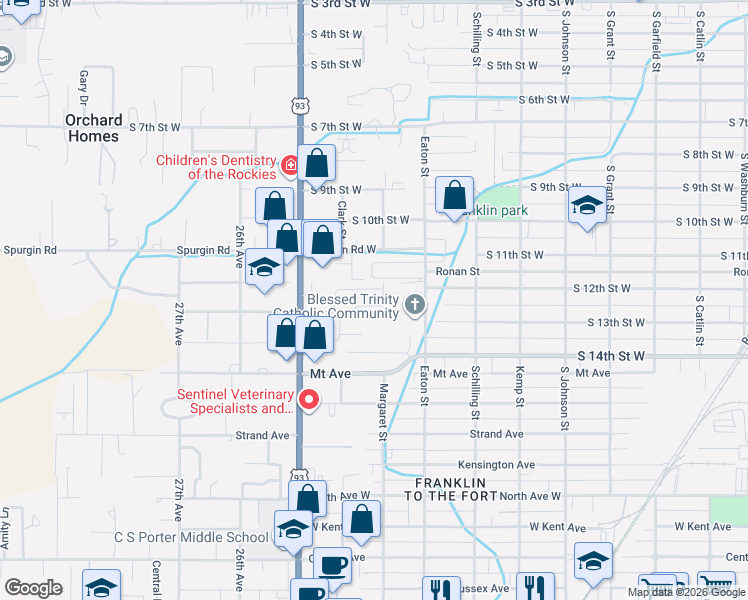 map of restaurants, bars, coffee shops, grocery stores, and more near 2418 McIntosh Loop in Missoula
