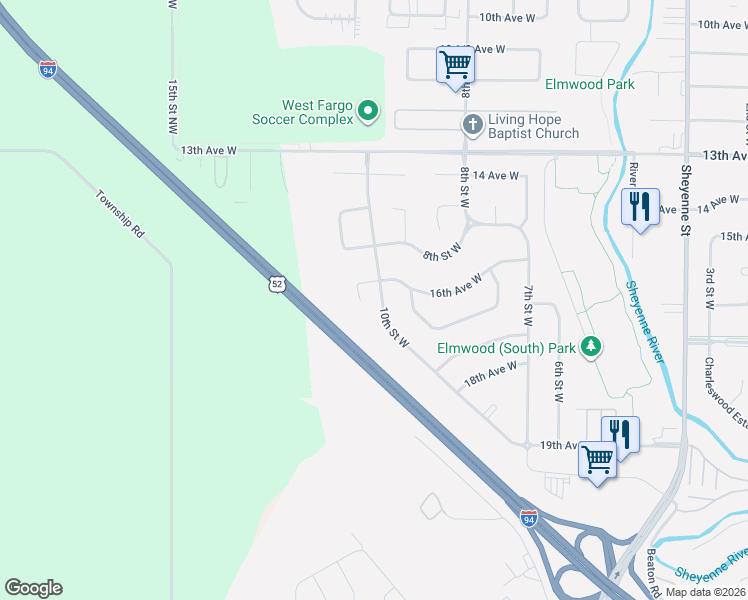 map of restaurants, bars, coffee shops, grocery stores, and more near 1019 Oak Place in West Fargo