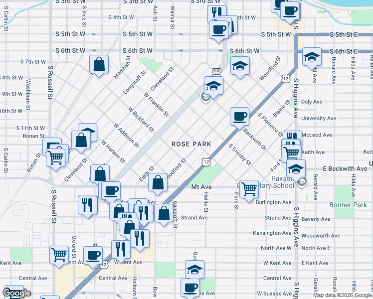 map of restaurants, bars, coffee shops, grocery stores, and more near 724 Edith Street in Missoula