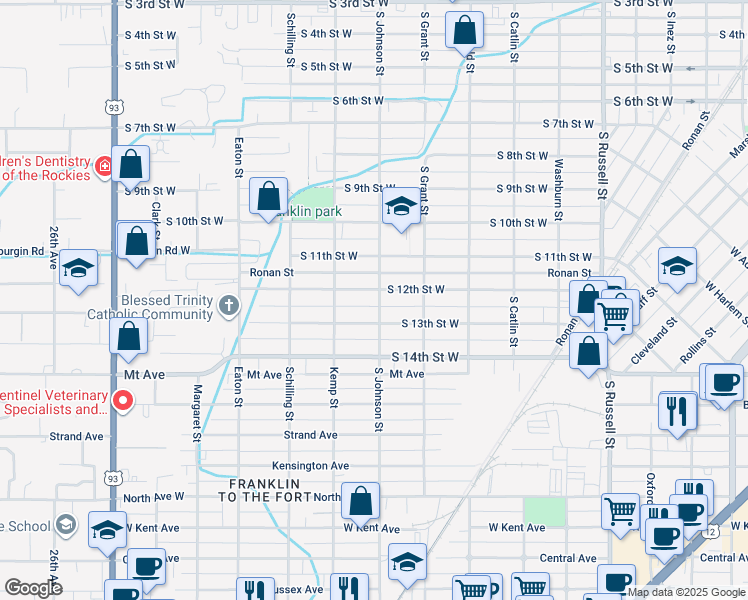 map of restaurants, bars, coffee shops, grocery stores, and more near 2001 S 12th St W in Missoula