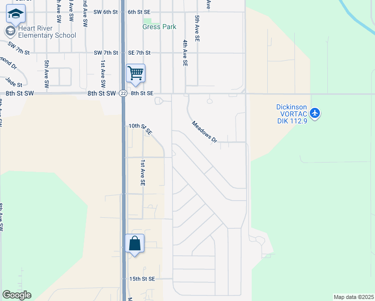 map of restaurants, bars, coffee shops, grocery stores, and more near 215 B Street in Dickinson