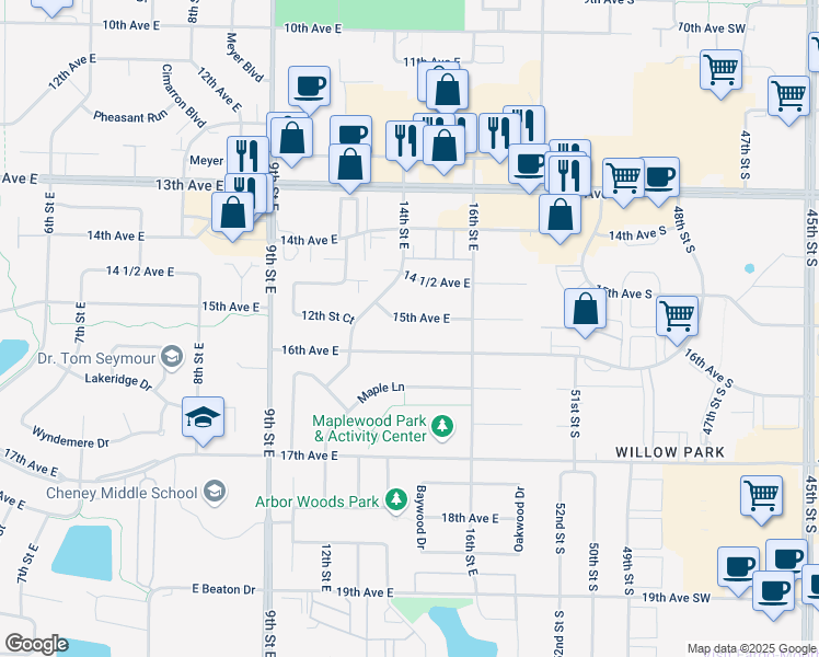 map of restaurants, bars, coffee shops, grocery stores, and more near 1421 15th Avenue East in West Fargo