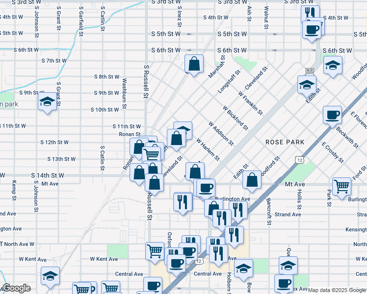 map of restaurants, bars, coffee shops, grocery stores, and more near 1001 Cleveland Street in Missoula