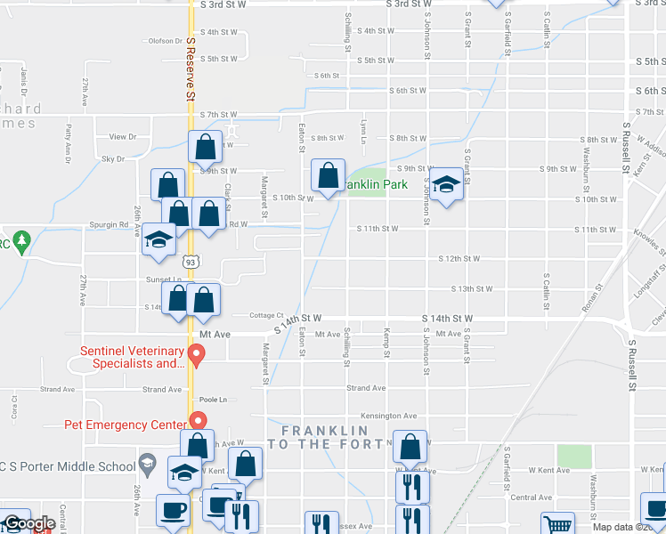 map of restaurants, bars, coffee shops, grocery stores, and more near 2205 South 12th Street West in Missoula