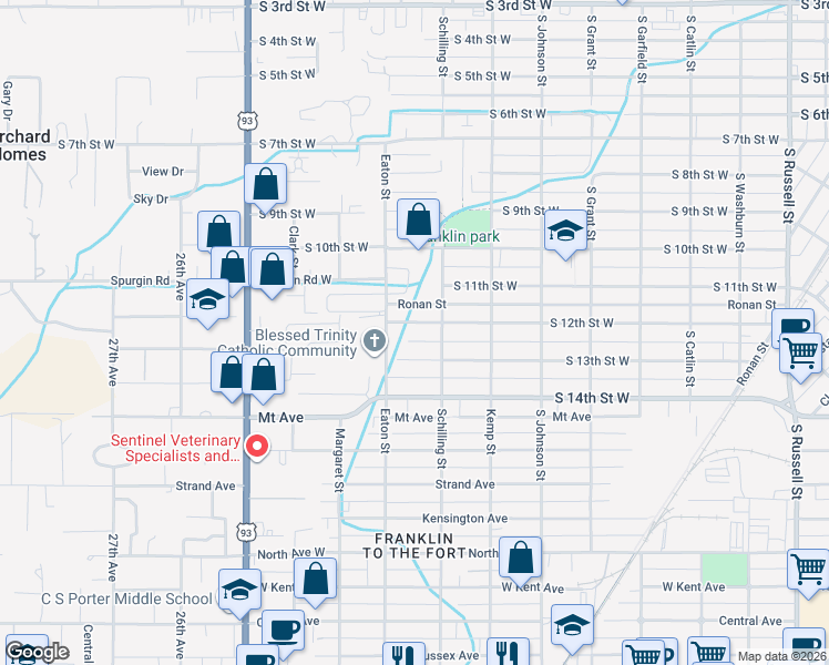 map of restaurants, bars, coffee shops, grocery stores, and more near 2211 South 12th Street West in Missoula