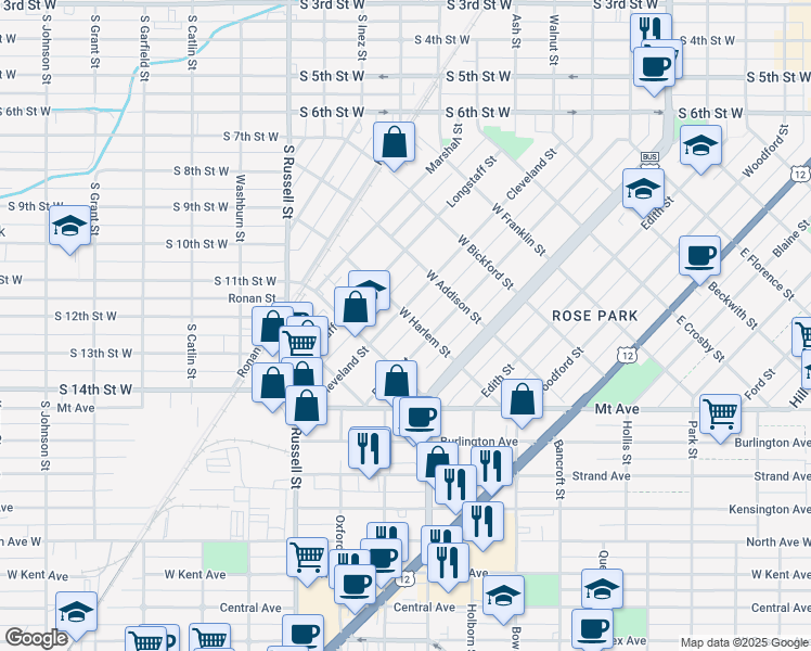map of restaurants, bars, coffee shops, grocery stores, and more near 940 Cleveland Street in Missoula