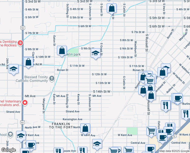 map of restaurants, bars, coffee shops, grocery stores, and more near 1935 South 12th Street West in Missoula