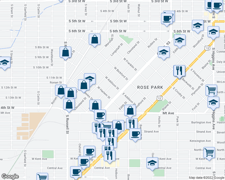 map of restaurants, bars, coffee shops, grocery stores, and more near 926 Rollins St in Missoula