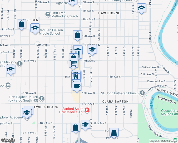 map of restaurants, bars, coffee shops, grocery stores, and more near 1429 11th Street South in Fargo