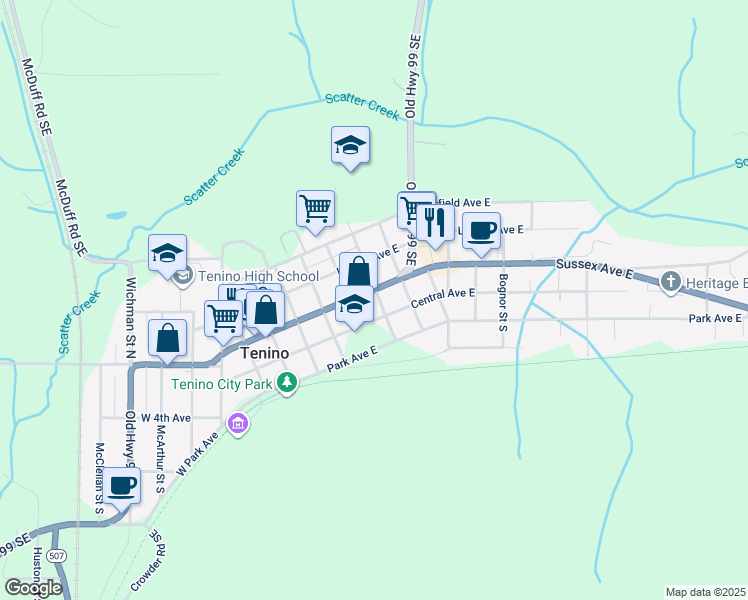 map of restaurants, bars, coffee shops, grocery stores, and more near 384 Sussex Avenue East in Tenino