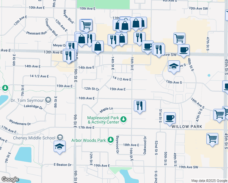 map of restaurants, bars, coffee shops, grocery stores, and more near 1421 15th Avenue East in West Fargo