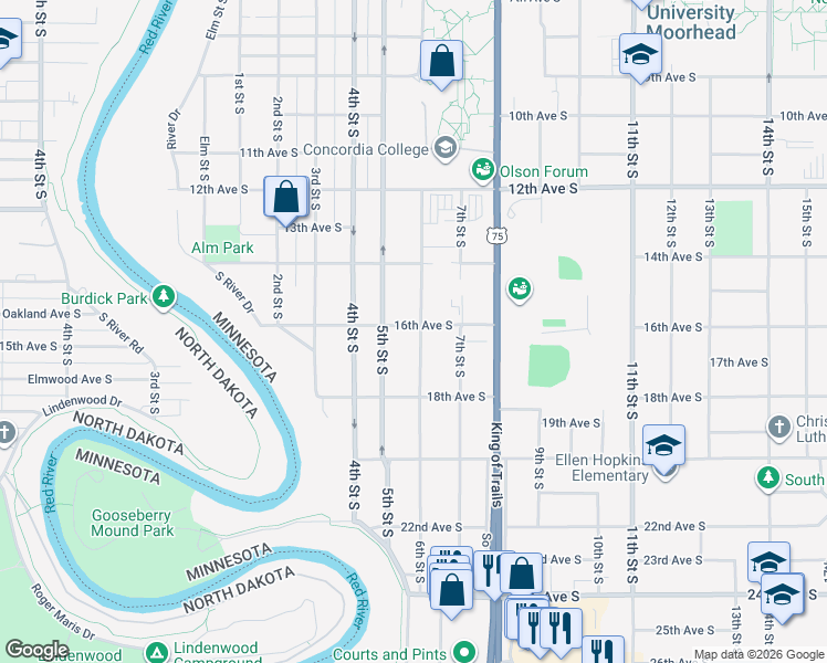 map of restaurants, bars, coffee shops, grocery stores, and more near 1601 6th Street South in Moorhead