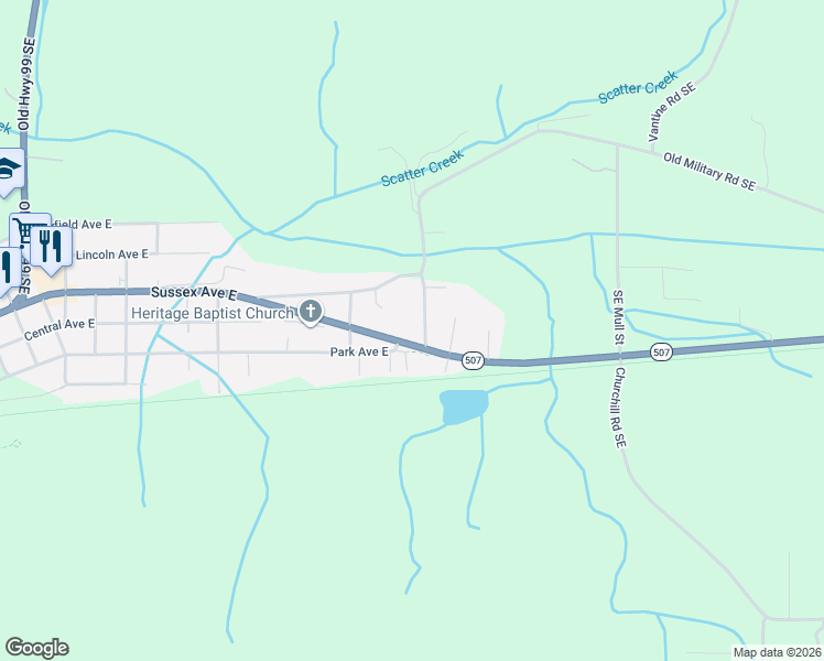 map of restaurants, bars, coffee shops, grocery stores, and more near 1464 Sussex Avenue East in Tenino