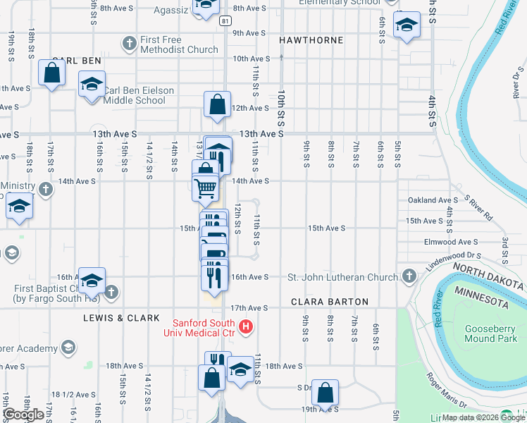 map of restaurants, bars, coffee shops, grocery stores, and more near 1427-1429 11th St S in Fargo