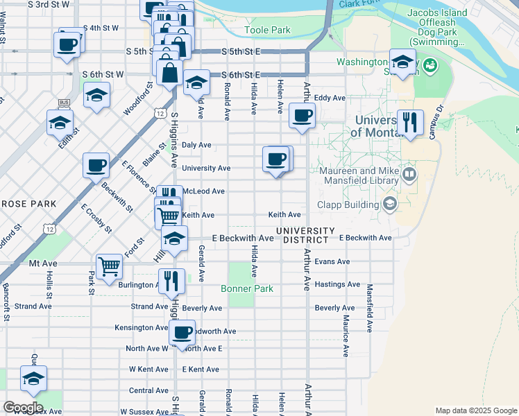map of restaurants, bars, coffee shops, grocery stores, and more near 404 Keith Avenue in Missoula