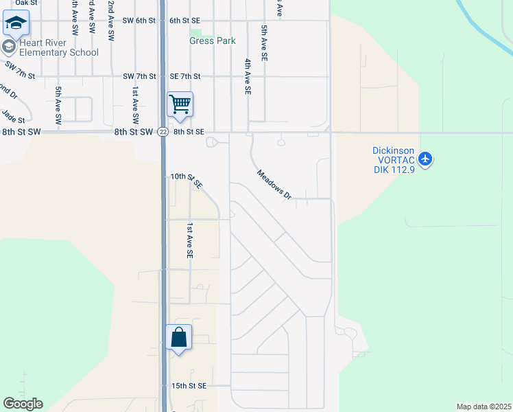 map of restaurants, bars, coffee shops, grocery stores, and more near 215 B Street in Dickinson