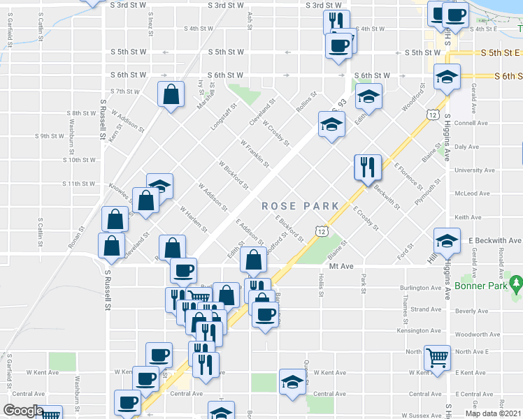 map of restaurants, bars, coffee shops, grocery stores, and more near 801 Edith Street in Missoula