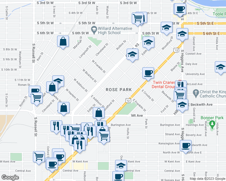 map of restaurants, bars, coffee shops, grocery stores, and more near 724 Edith Street in Missoula