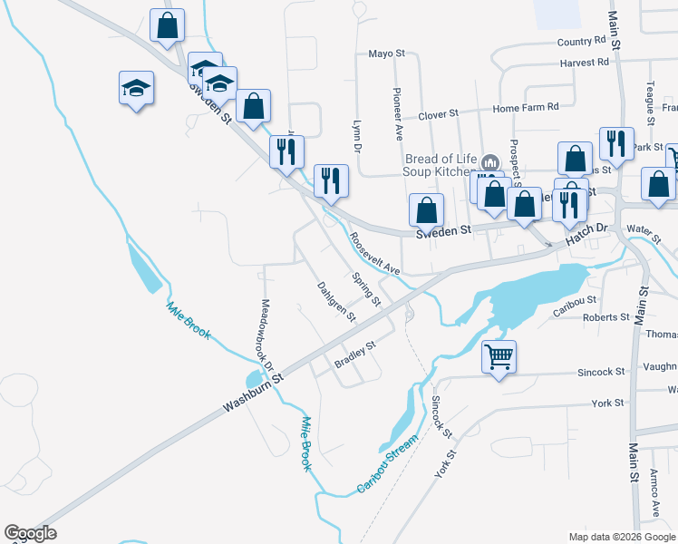 map of restaurants, bars, coffee shops, grocery stores, and more near 28 Spring Street in Caribou