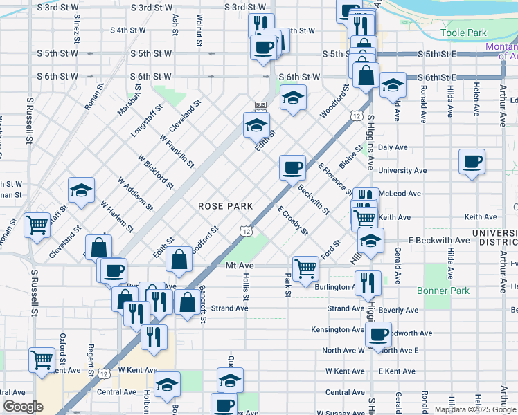 map of restaurants, bars, coffee shops, grocery stores, and more near 621 Brooks Street in Missoula