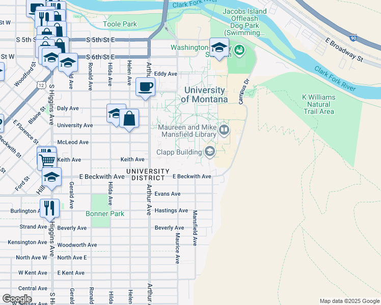 map of restaurants, bars, coffee shops, grocery stores, and more near 32 Campus Drive in Missoula