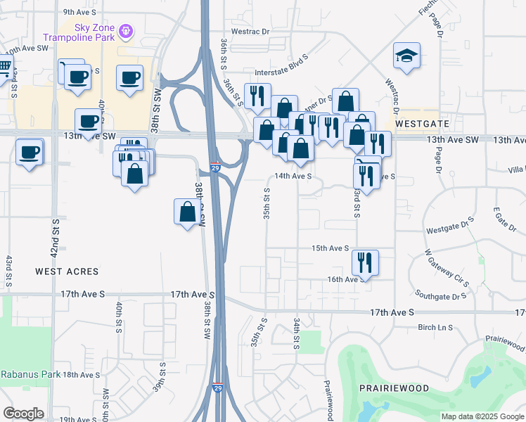 map of restaurants, bars, coffee shops, grocery stores, and more near 1421 35th Street South in Fargo