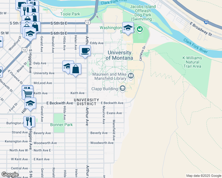 map of restaurants, bars, coffee shops, grocery stores, and more near in Missoula
