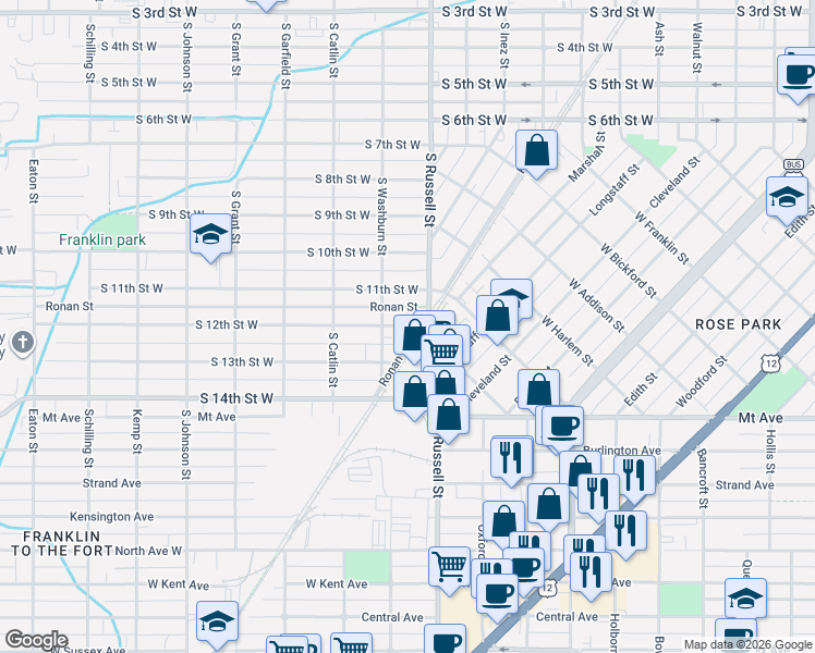 map of restaurants, bars, coffee shops, grocery stores, and more near 1526 South 12th Street West in Missoula