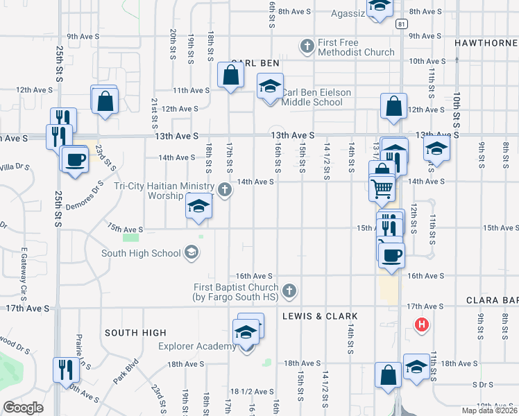 map of restaurants, bars, coffee shops, grocery stores, and more near 1428 16 1/2 Street South in Fargo
